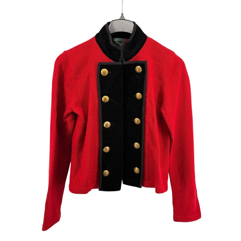 Vtg. Lauren Ralph Lauren Womens Large Pre-Owned Sweater Red Velvet Trim Military